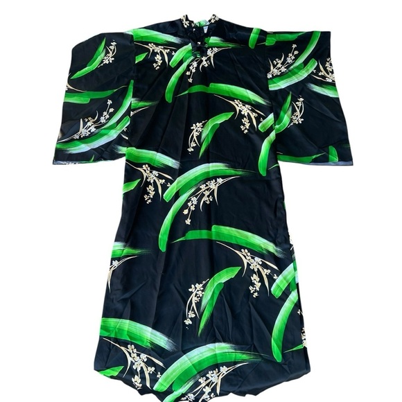 VTG Andrade Honolulu Polynesian Kimono Style Caftan Black Green Floral Size 12 - Picture 9 of 13